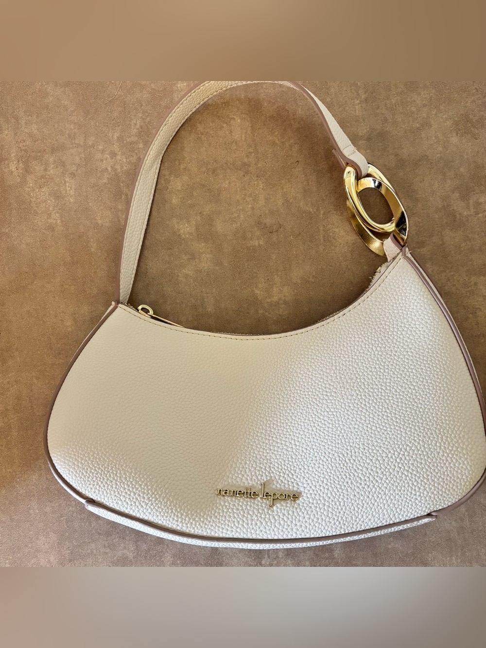 Nanette Lepore Ivory Pebbled Crescent Shoulder Bag Gold Hardware Zip Lined